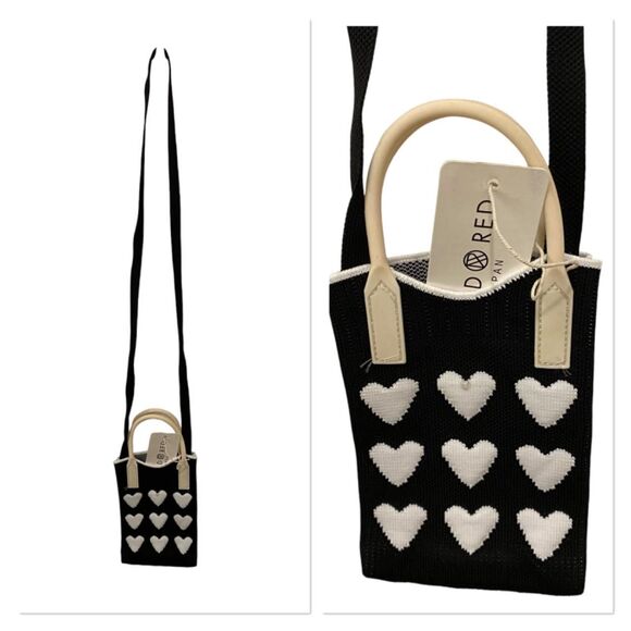 Knitted Mini Open Cross Body Bag/Cell Phone Bag. Hearts Design. Black/White - Picture 1 of 8
